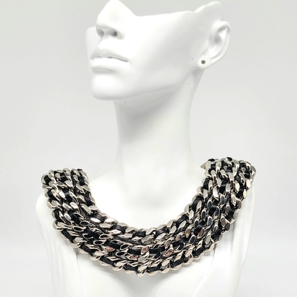 Yves Saint Laurent HEAVY Triple Curb Chain Statement Necklace w Leather Inlay - Picture 10 of 13